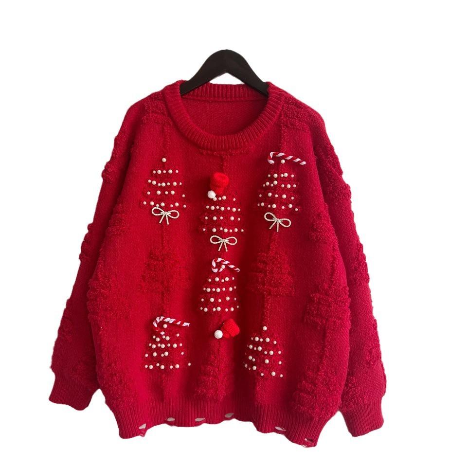 Handmade pearl Christmas themed sweater with three-dimensional decoration, New Year holiday sweater pullover 3575 KTB