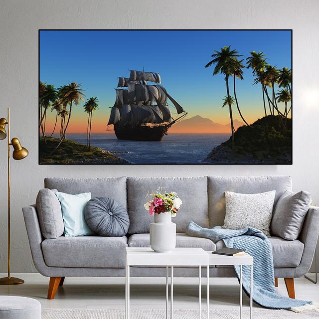 Landscape Pirates Ship Tropical Island Palm Tree Canvas Painting Posters and Prints Wall Art Pictures Living Room Decor No Frame