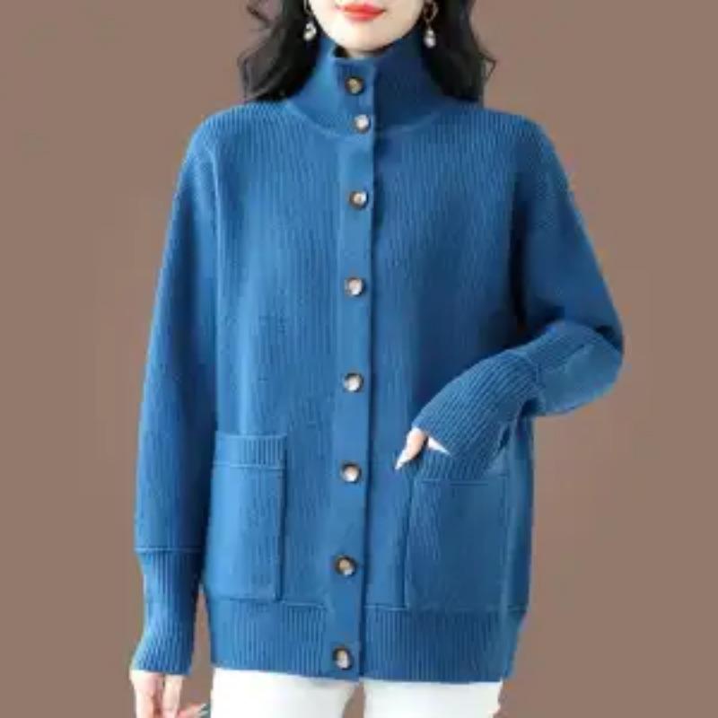 Turtleneck Knitted Sweater Cardigan for Women Autumn and Winter Fashion New Style Lapel Outer Solid Color Versatile Jacket