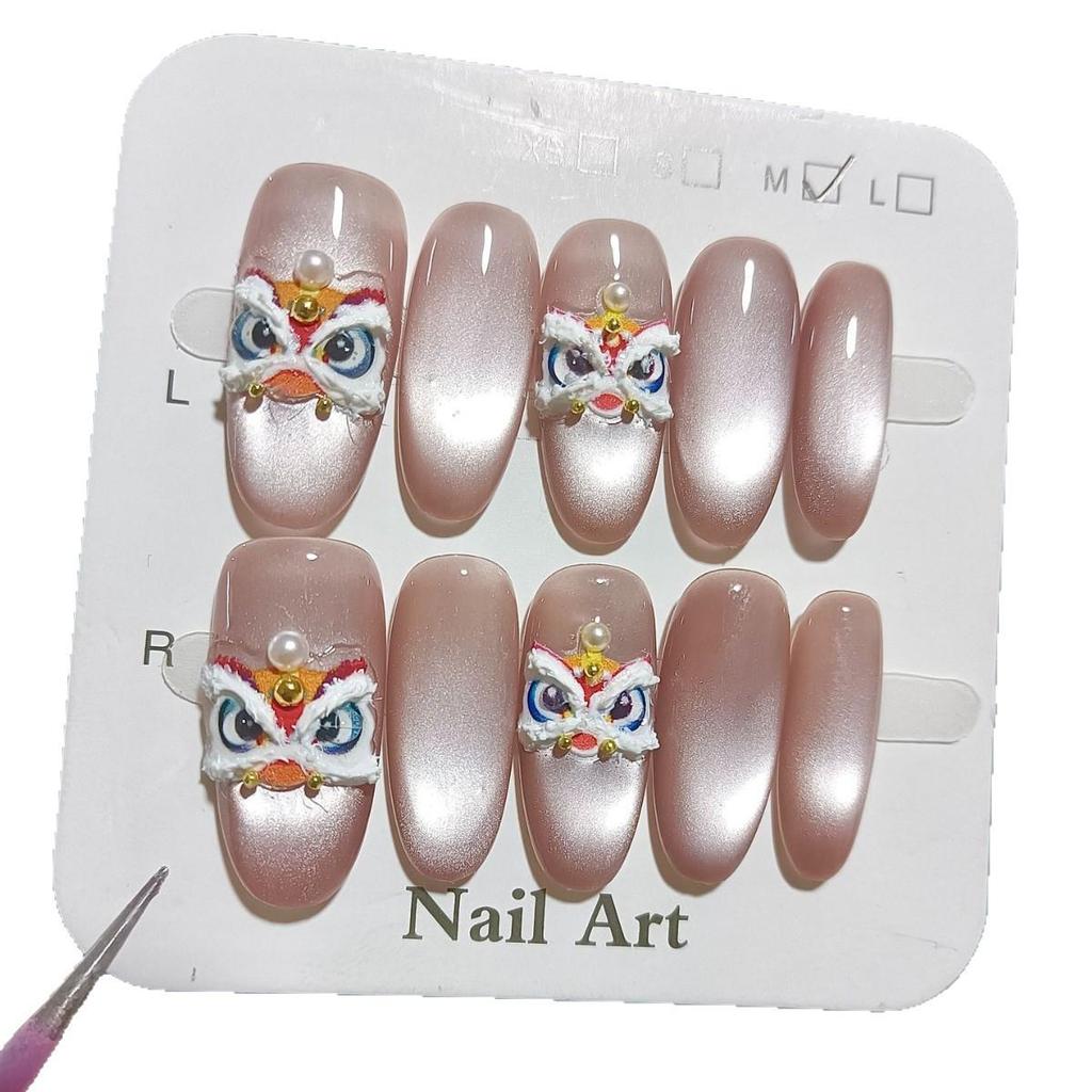 2025 New Year Lion Dance Cat-Eye Handmade Nails: High-End, Whitening Manicure