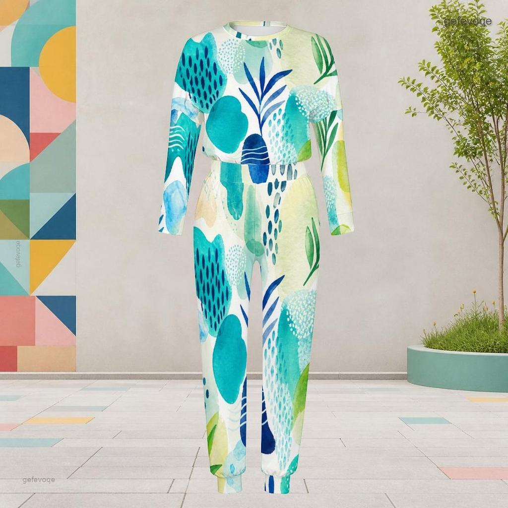 Women Plus Size Round Neck Long Sleeve Printed Two Piece Set Cuffed Top Cuffed Pants With Pockets