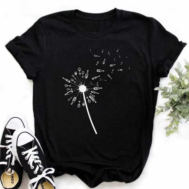 New Summer  Dandelion Butterfly Print Women Tshirt Casual White and Black T-shirt Funny T Shirt Gift for Lady Young Girl Tops