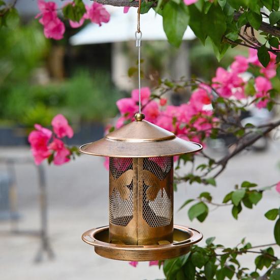 Bird Feeder with Rainproof Roof Metal Feeder Large Capacity Grain Storage Bin And Tray Feeder for Outdoor Garden Patio