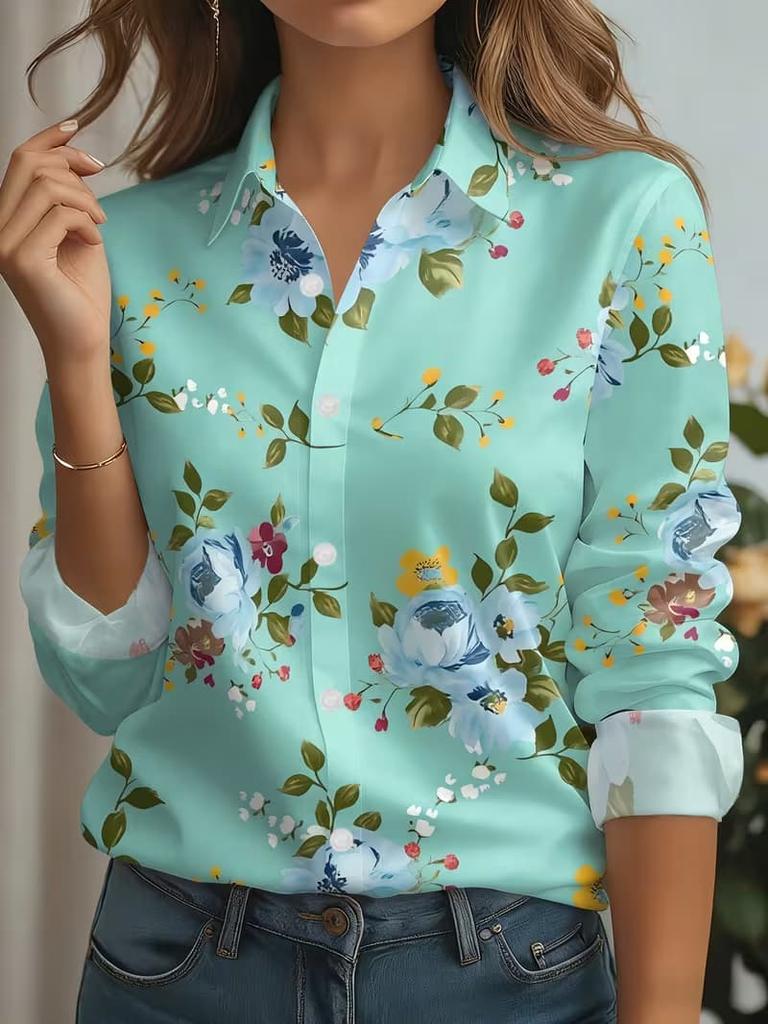 Damen Bluse 3D Druck Elegant Langarm Hemd Reverskragen Oberteile Arbeit Büro Damen Oberteile Sommer Frühling Herbst Winter