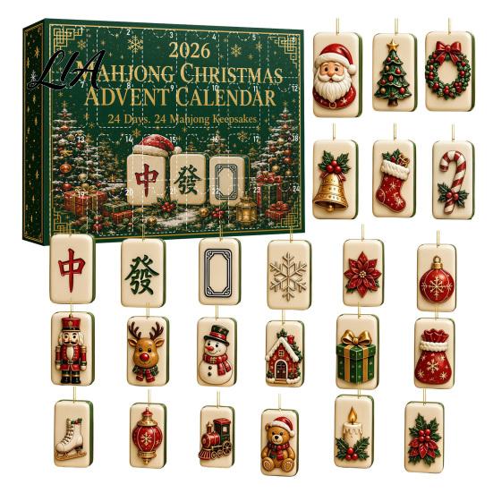 24 Day Countdown Calendar Chinese Mahjong Tile Advent Calendar, 24-Day Christmas Set with 2D Atmosphere Decor Acrylic Ornaments, Tree Hanging