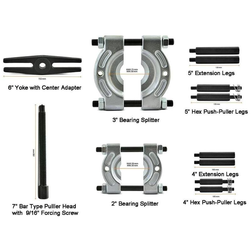 Auto-Lagerabzieher-Set, Entfernungswerkzeug, 12-teilig, Stangentyp, Splitter, Zahnrad, Schwungrad, 30–50 mm, 50–75 mm