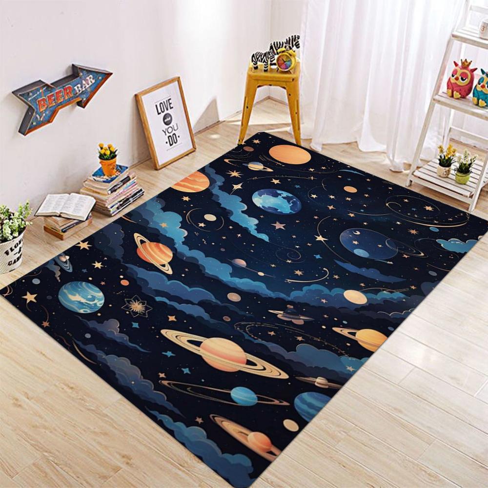 Cartoon Space Galaxy Carpet Mat Rug Colorful Planets Stars Pattern Non-Slip Floor Mat for Kids Room Living Room Home Decoration