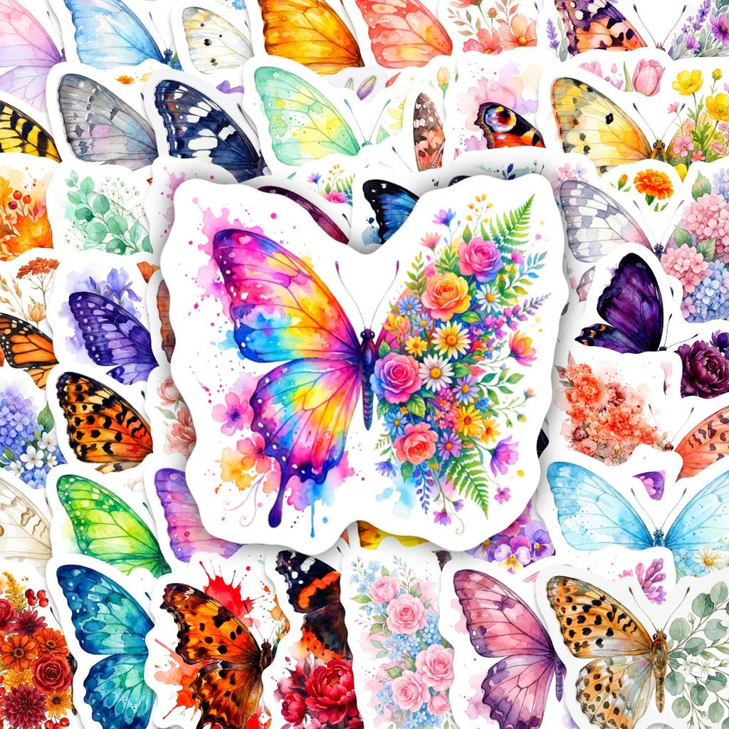50 Butterfly Stickers Notebook Skateboard Water Cup Decoration Cute Colorful Flower Butterfly Graffiti Stickers