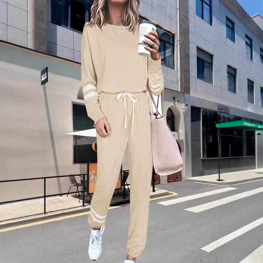 Damen Gestreifte Bündchen Langarm Kordelzug Locker Freizeit Trainingsanzug 2-teiliges Hosen-Set Loungewear Outfits