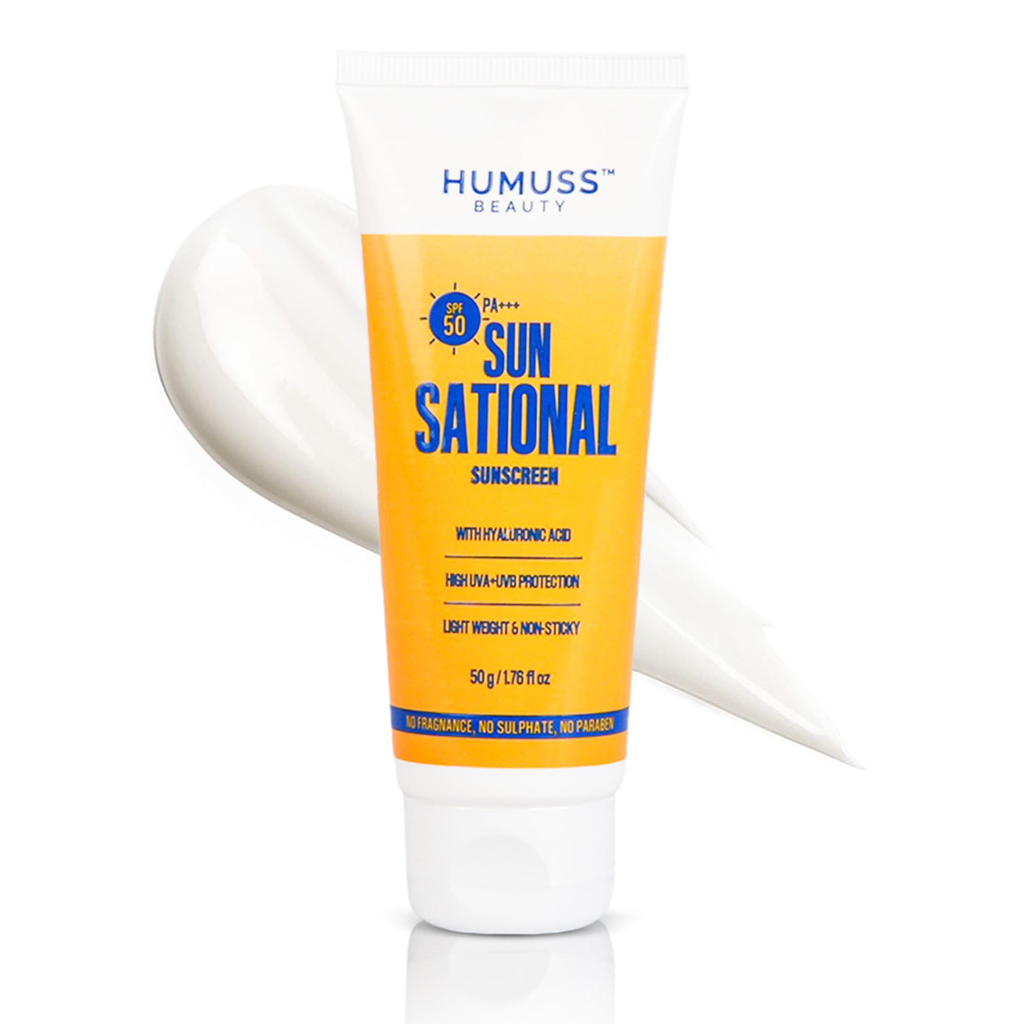 Humuss Beauty SPF 50 Moisturzing Sunscreen PA+++ | High UVA + UVB protection | Hyaluronic Acid for Deep & Long Lasting Hydration | Lightweight Text
