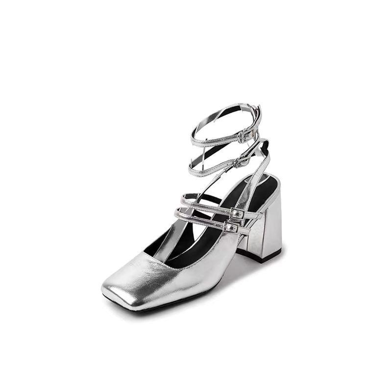 

Baotou thick heel sandals women s high heel summer word with silver patent leather Baotou sexy high heels 40 срібний