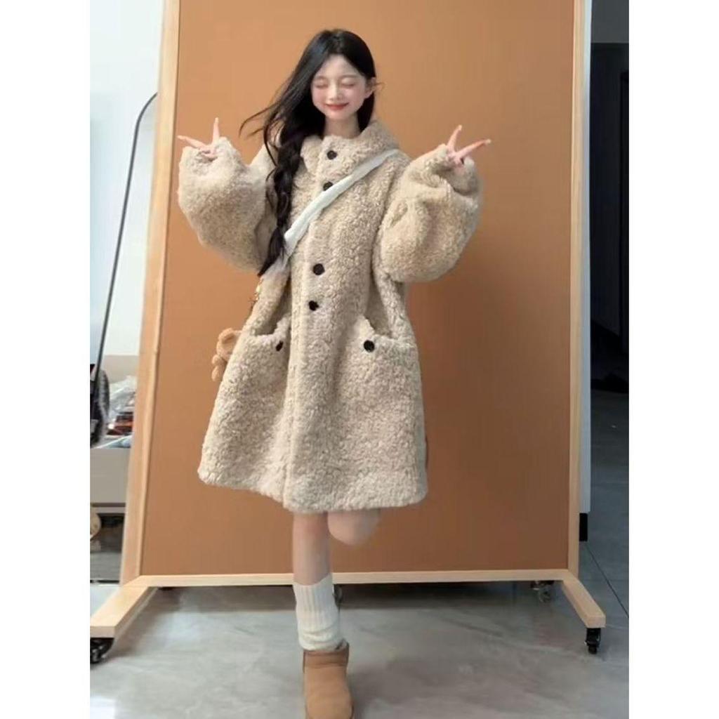 Lamb Wool Hooded Thick Coat with Fur Trim - 2025 Korean Style Mid-Length Fluff.