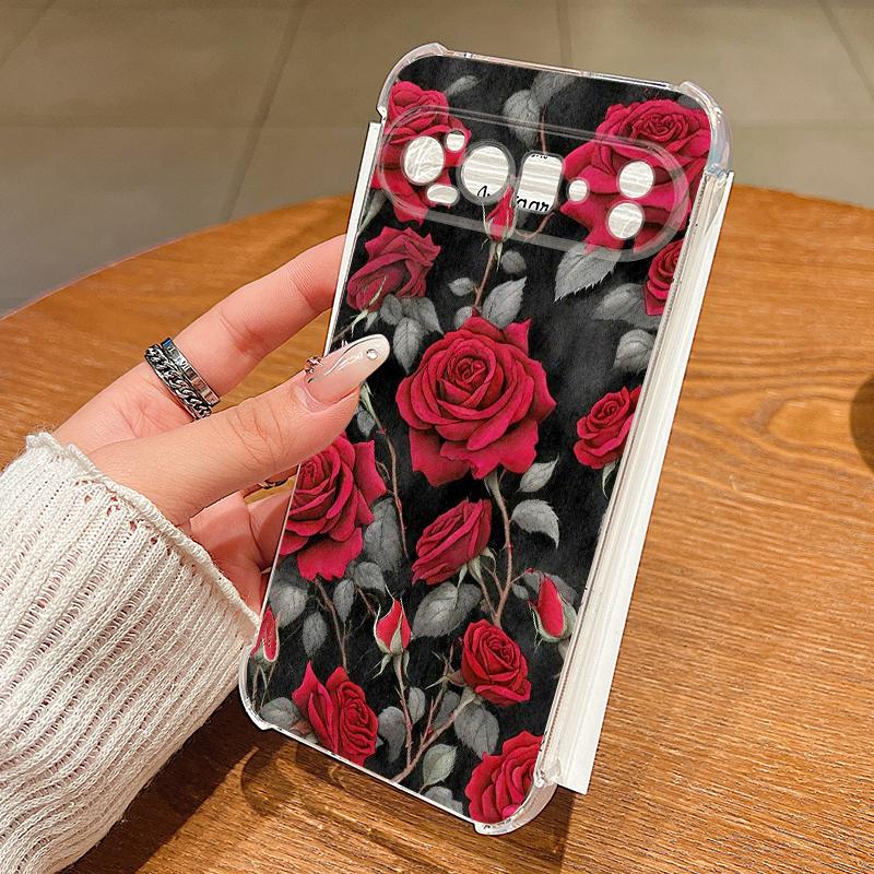 Scarlet Red Rose Flower Pattern Case For Google Pixel 9 Pro XL 9A Shockproof TPU Silicone Clear Soft Cover