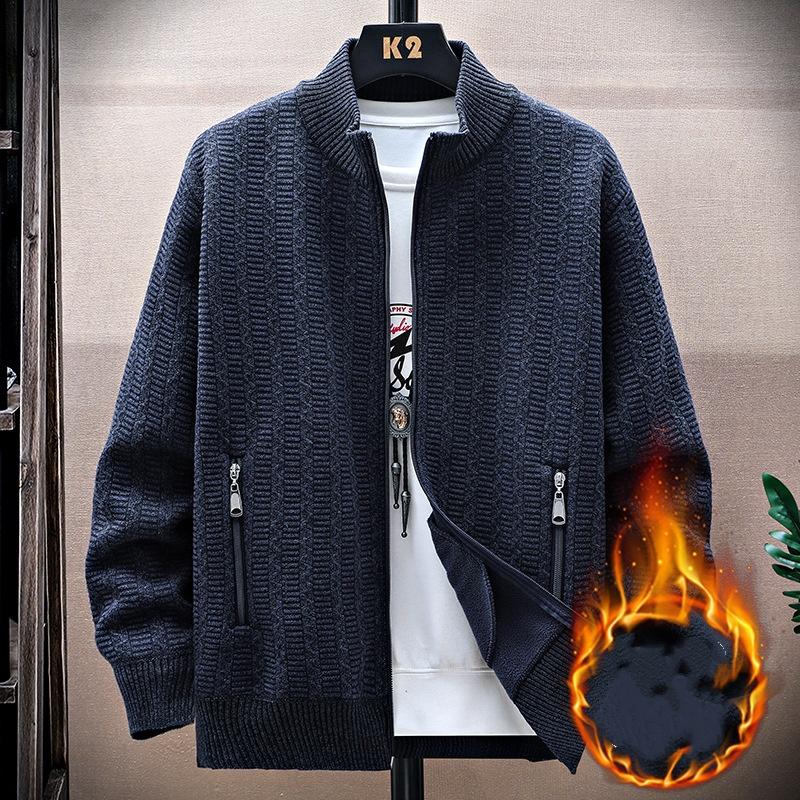 

Осень Зима Флис Мужской Повседневный Кардиган Стойка Воротник Свитерпальто Мужской Теплый Вязаный Кардиган Толстые Вязаные Свитера Куртки XXXXL сине серый