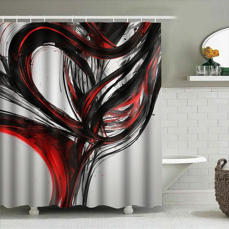 Ensemble de rideaux de douche au design abstrait moderne avec coups de pinceau noirs et rouges pour la décoration de salle de bain baignoire blanche