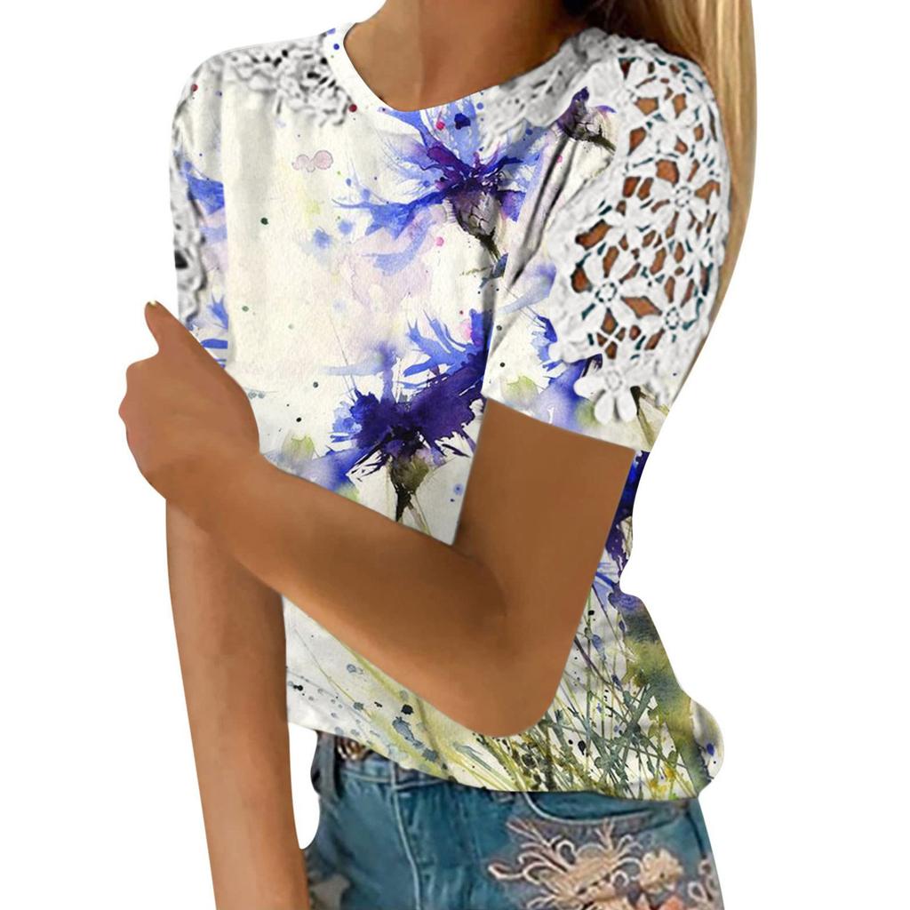 Women's Fashion Lace Hollow Print Round Neck Short Sleeve T-shirt Top