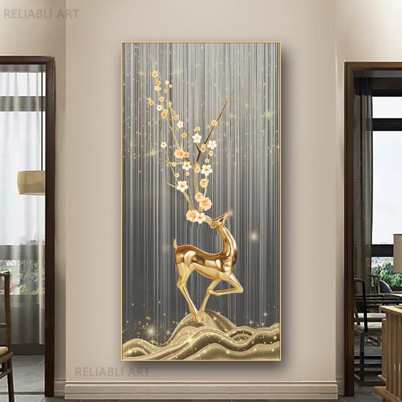 New Chinese Fengshui Golden Deer Canvas Painting Abstract Zen Stone Posters and Prints Modern Luxury Wall Art for Porch Decor