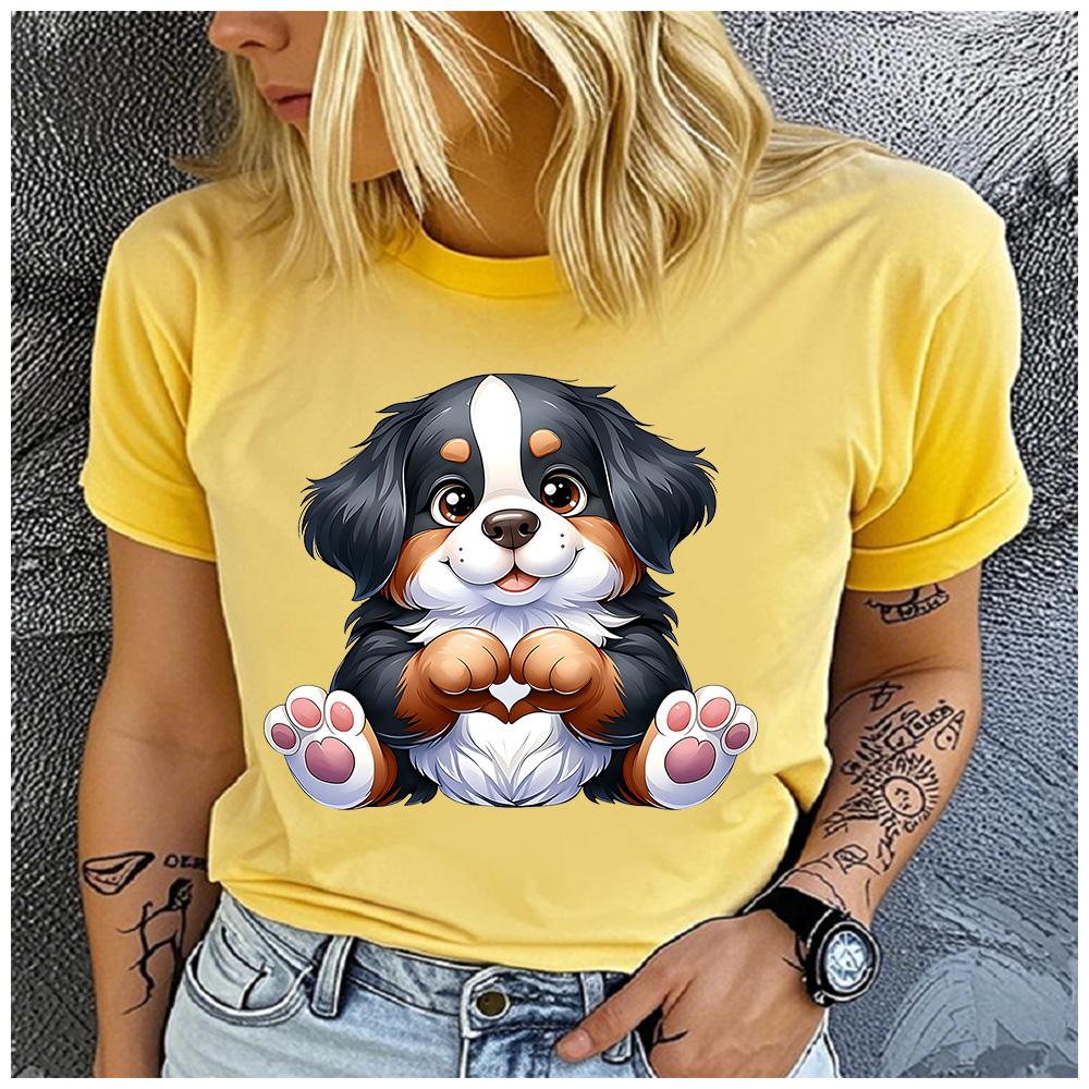 Cotton Cute Bernese Mountain Dog Graphic T Shirt Women Lovely Fluffy Puppy Heart Paws Print Short Sleeve Tee Gift For Dog