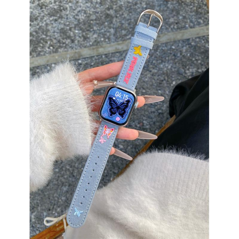 Джинсовый ремешок с вышивкой бабочки для Apple Watch 10-го поколения Apple Watch Applewatch9876Se Ремешок self-test 20mm