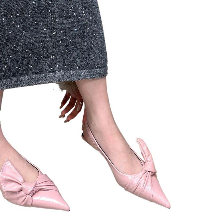 French Medium Heel Bag Head Sandals Women's 2025 New Spring and Summer Pointed Fashion Bow Pointed Fashion Temperament Single Shoes