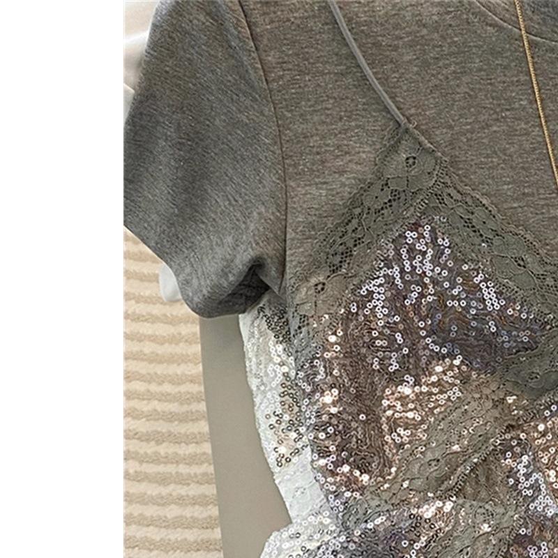 White Lace Camisole Patchwork Short Sleeved Shirt Women's Summer Small Versatile