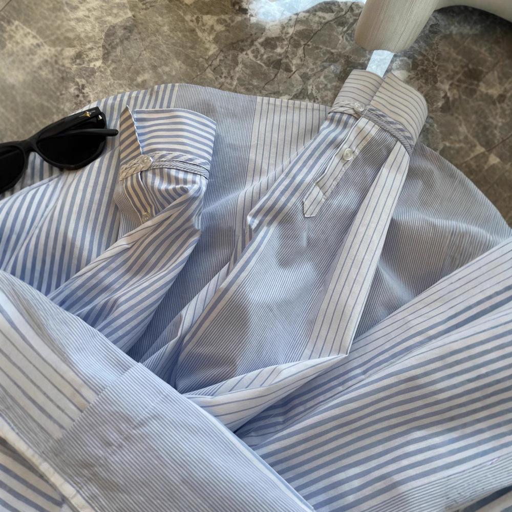 High-End Minimalist Striped Long-Sleeve Turn-Down Collar Shirt for Women