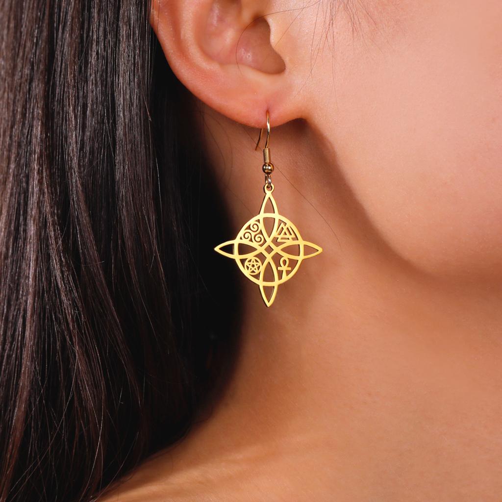 Skyrim Witch Knot Drop Earrings Stainless Steel Valknut Triskelion Ankh Cross Pentacle Earrings Amulet Jewelry Birthday Gift