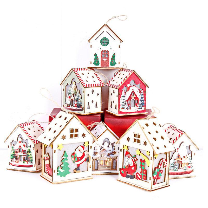Christmas Glowing Colorful Hut Christmas Decorations Wooden House Hanging Christmas Tree Pendant
