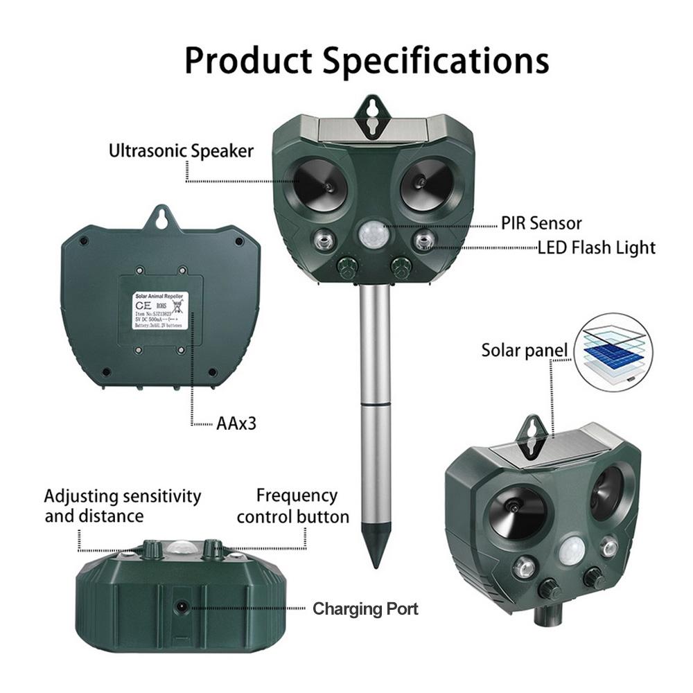 Solar Animal Repeller Ultrasonic Animal Repellent Outdoor Weatherproof Farm Garden Repellent with Flashing Light Motion