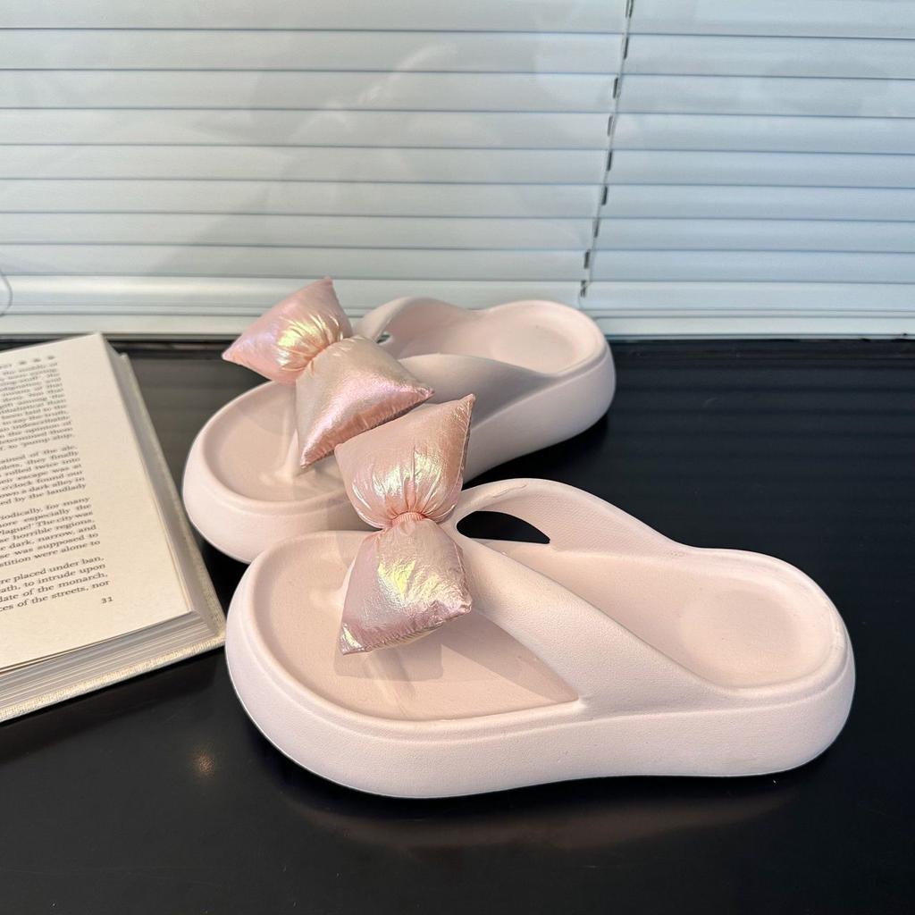 Outer Wear Pinch Foot Flat Bottom Beach Non-slip Cool Slippers Fashion Internet Celebrity Bow Flip-flops Women 2025 Summer and Autumn New