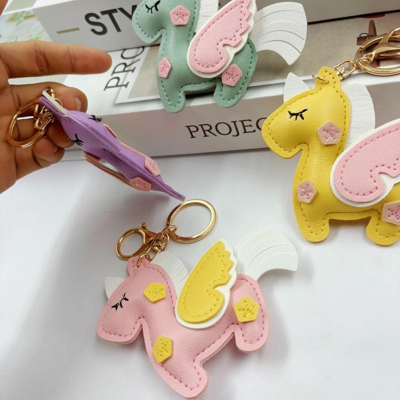 Miniso Cartoon Unicorn Pegasus Faux Leather Keychain/colorful Car Key Charm Cute Style Bag Accessory Gift