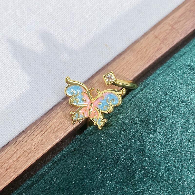 Medieval Personality Retro Dream Pink Butterfly Enamel Drip Open Ring Exquisite Light Luxury Pattern Ring