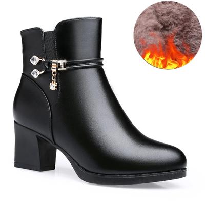 Fashion Women Boots Autumn Black Round Toe All-match High Heels Winter Plush Warm Zipper Ankle Snow Boots for Womens Botas Mujer