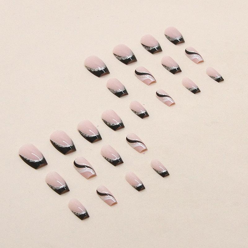 Kurze Ballettnägel, schwarzer Glitzer, französische, schlichte, europäische und amerikanische gestreifte Nailart-Tabletten, künstliche Nägel