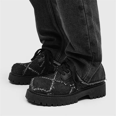 Fashion Men's New Washed Denim Platform Round Toe Derby Shoes Casual Big Head Leather Shoes Niche Avant-Garde Streetwear Shoes for Men's