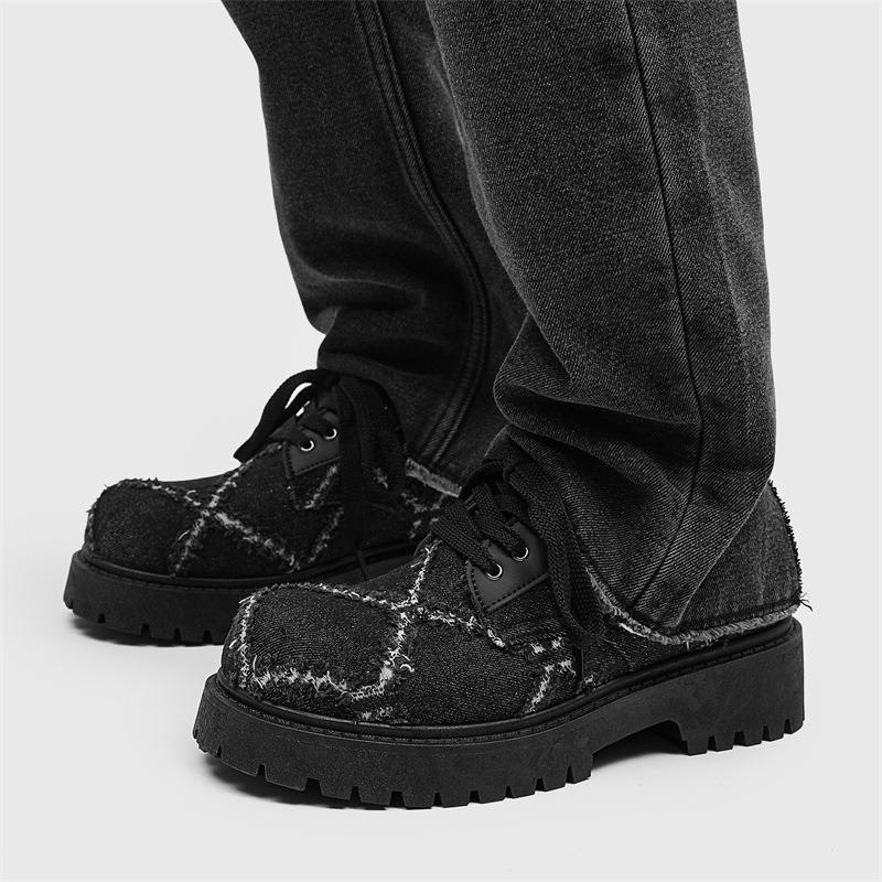 Fashion Men's New Washed Denim Platform Round Toe Derby Shoes Casual Big Head Leather Shoes Niche Avant-Garde Streetwear Shoes for Men's