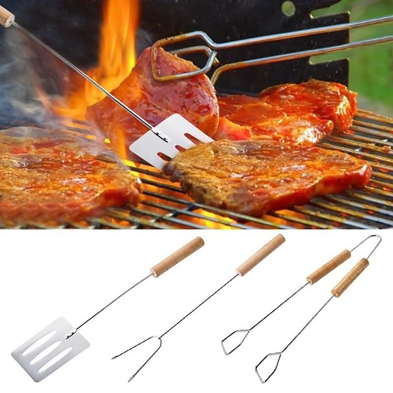 3-teiliges Grillwerkzeug-Set, Spatel, Gabel, Zange mit langen Griffen, Grillwerkzeug