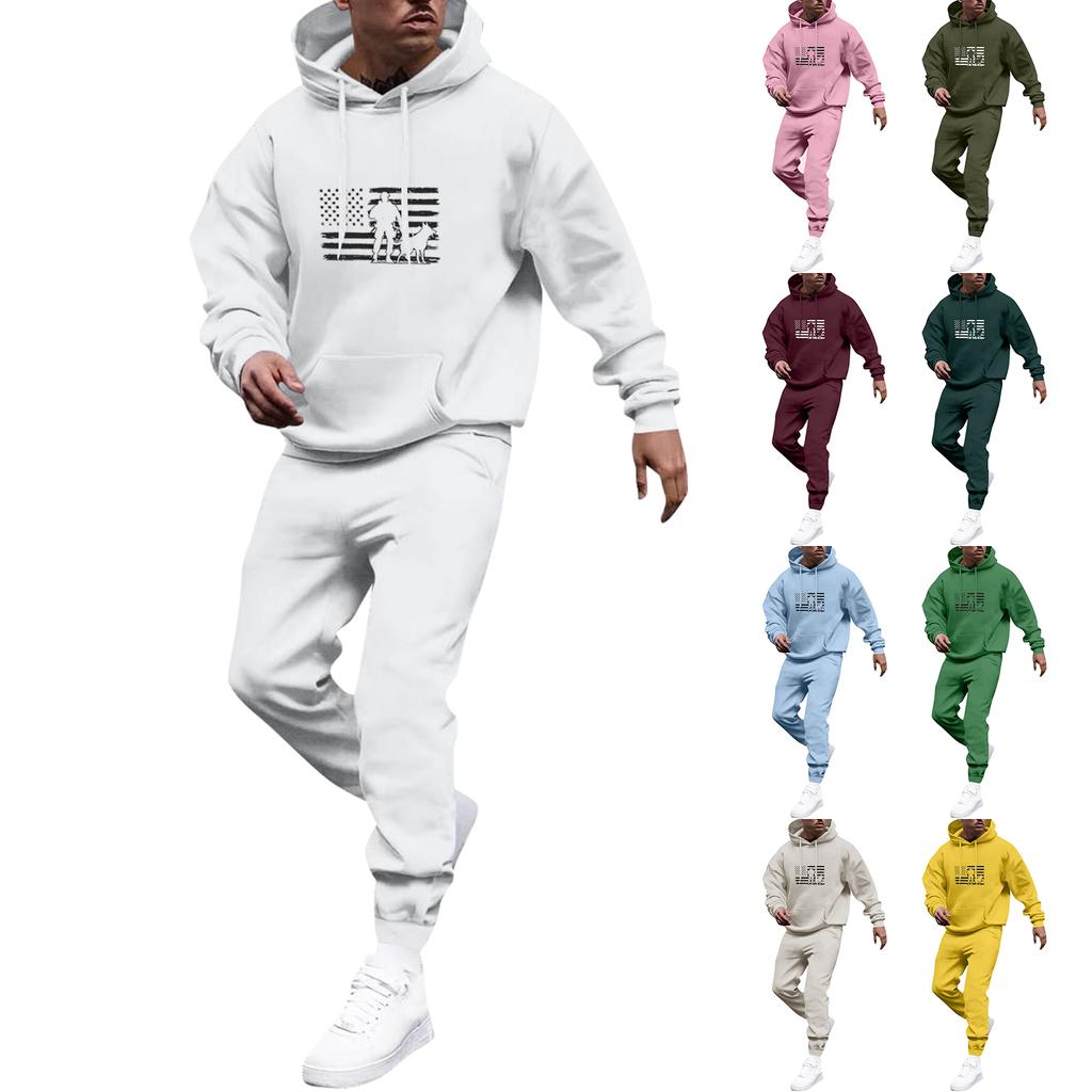 Men's Solid Color Flag Print Hooded Universal Versatile Hooded Sweatshirt Sweatpants Casual Sports Suit