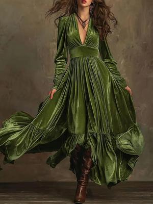 Vestido Elegante Retro de Terciopelo con Escote en V Profundo de Manga Larga hasta el Suelo de Corte A