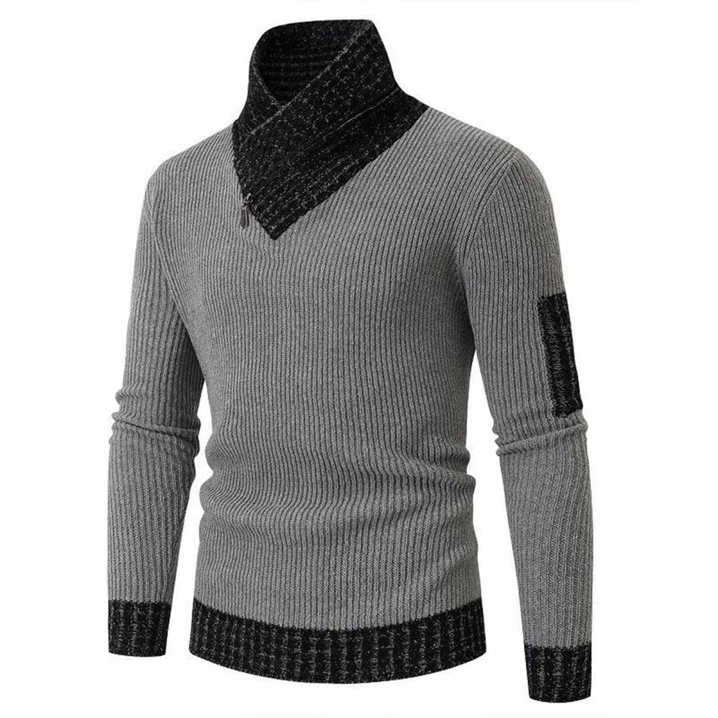 Men's Casual Solid-color Patchwork Style Long-sleeved High-neck Sweater, Men's Fitted Knitted Pullover, Scarf Collar Sweater