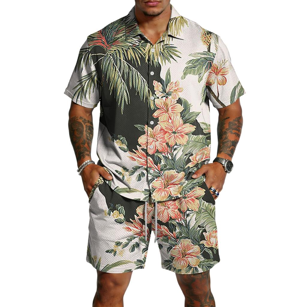 Men's Casual Print Matching Set - Lightweight Breathable Top and Drawstring Shorts 2-Piece Outfit for Summer