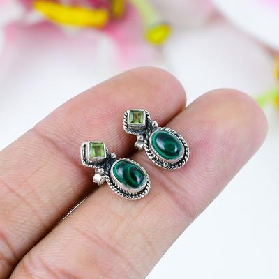 Malaquita Natural, Peridoto Plata de Ley 925 Sólida Regalo Tops Pendiente .75" o4k85