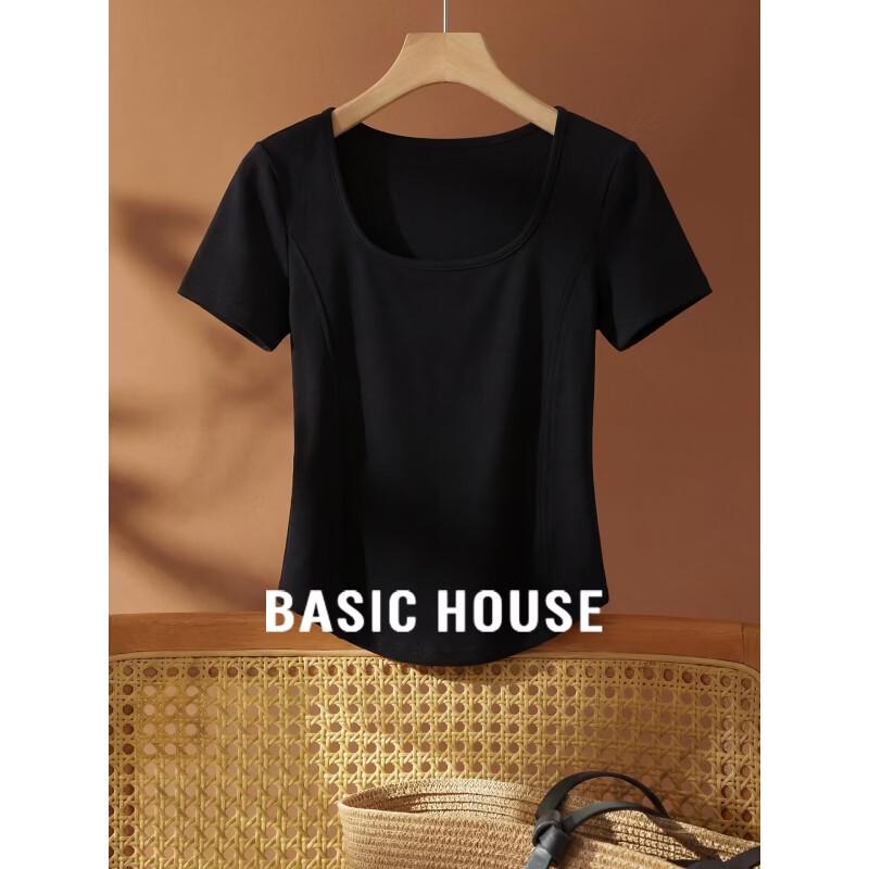 

Basic House Women s Fishbone Ribbed Square Neck Short Sleeve T-shirt S