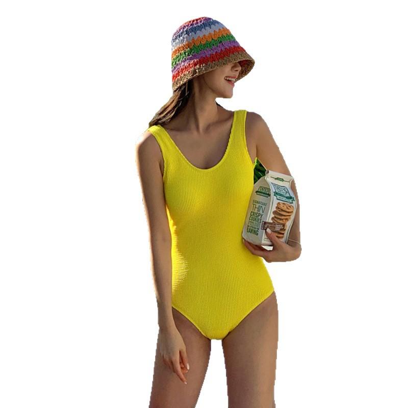 Fluorescent Yellow Texture, Sea Wave Pattern, Eye-catching European and American Style One-piece Swimsuit, Women's Summer Outer Wear Vacation Swimsuit
