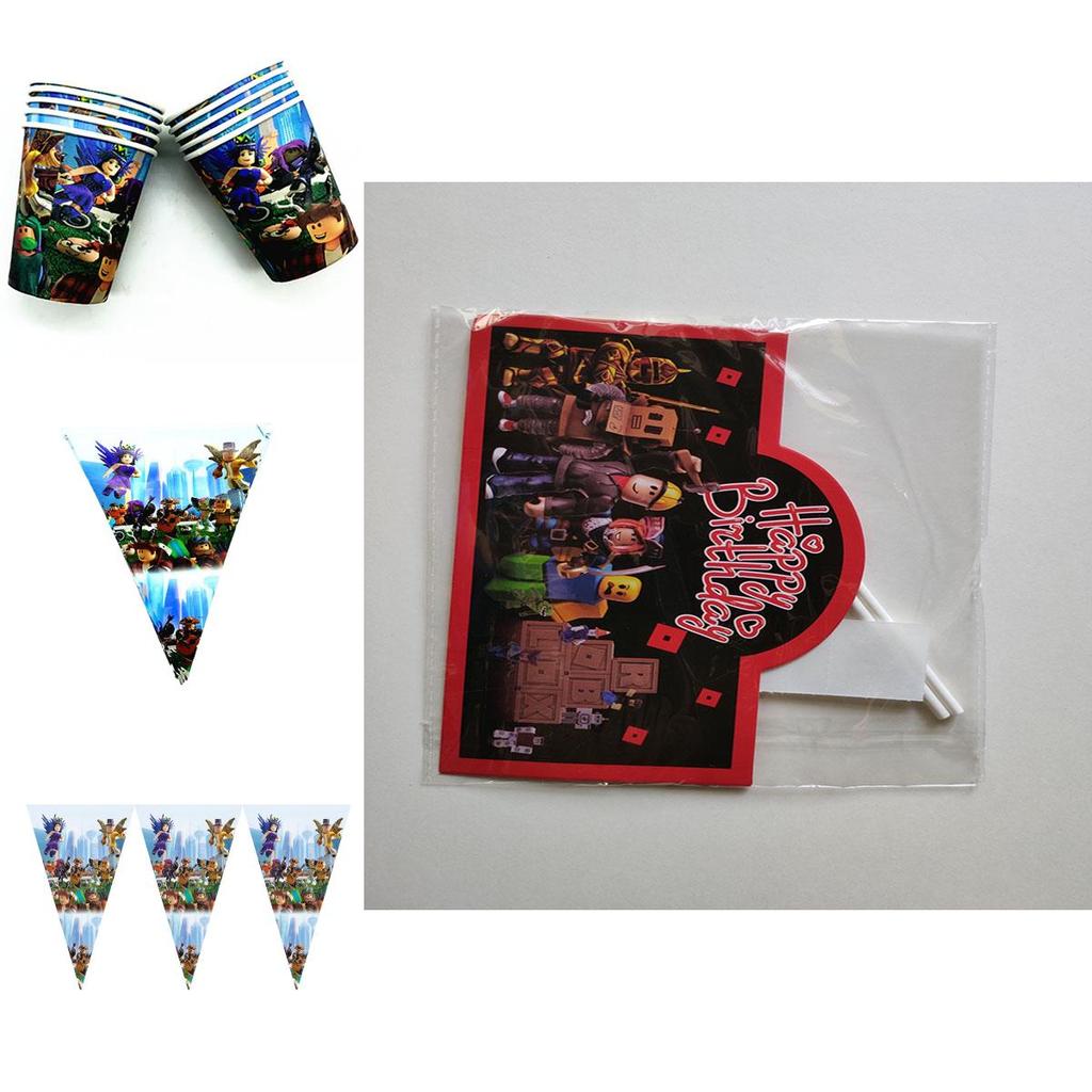 Farbenfrohe Roblox-Mottoparty-Artikel für Kindergeburtstage mit Bannern und Tortenaufsätzen