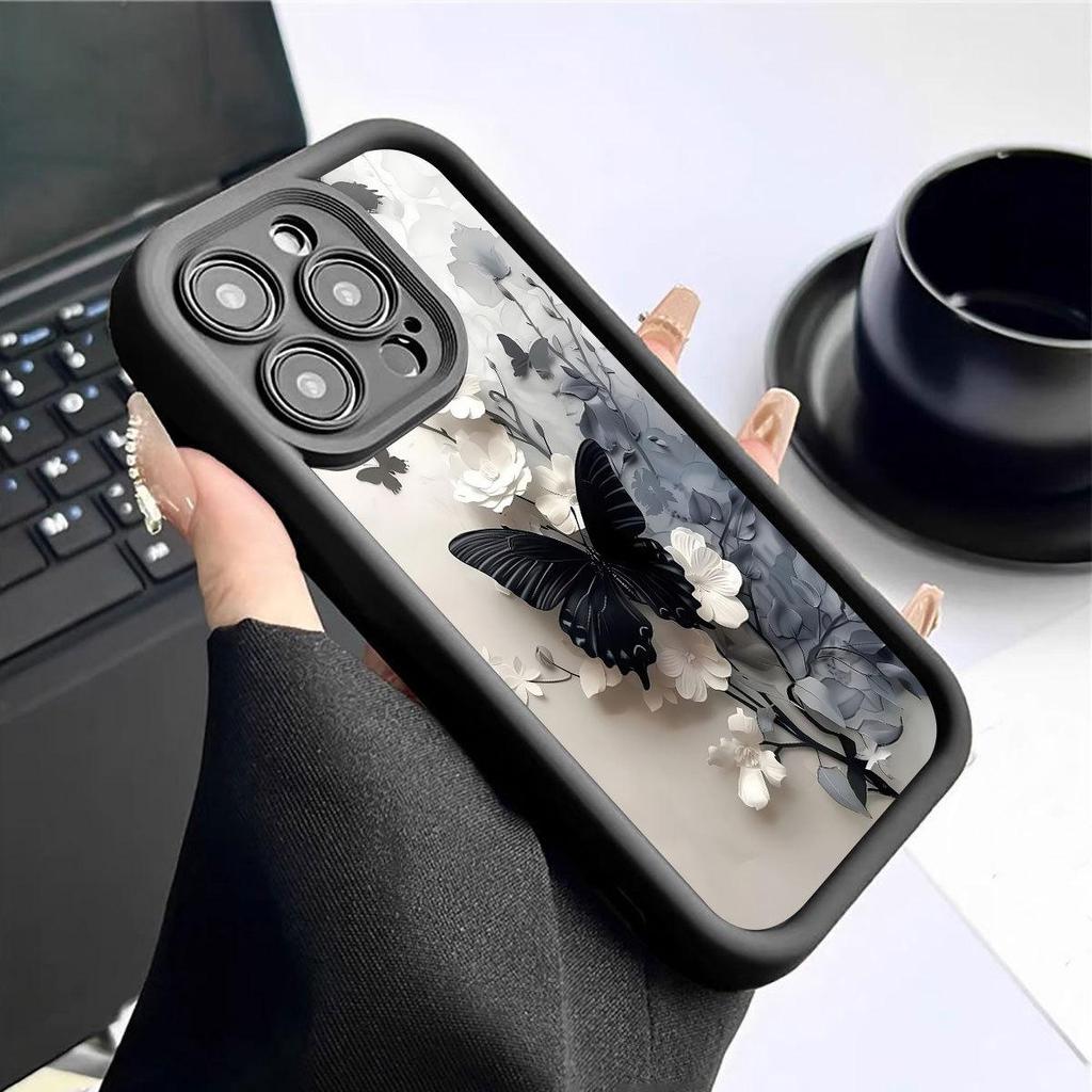 Black Butterfly Groove-Style Protective Case for iPhone 14/15/16/17 Pro Max