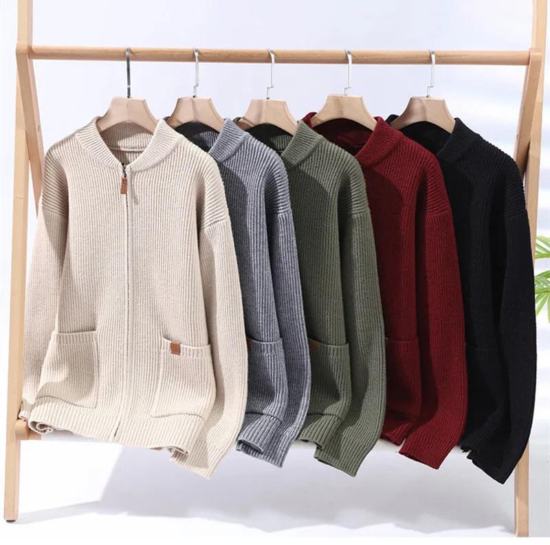Autumn Winter Youthful Vitality Knit Sweatercoat Men Stand Collar Loose Casual Knitted Cardigan Mens Chic Casual Sweater Jackets