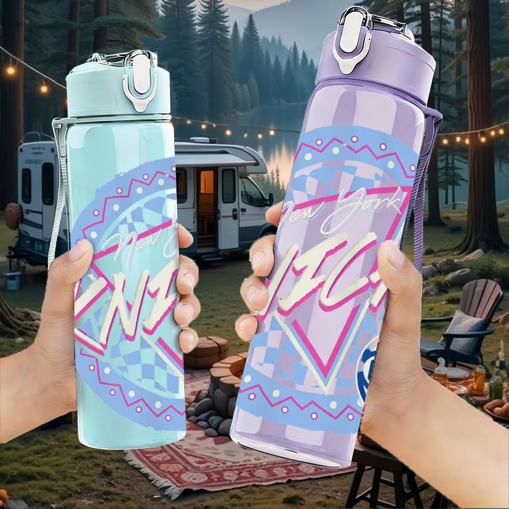 1PC Pink Graffiti Text Art 750ml Sports Water Bottle Leakproof Straw Lid Outdoor Office Home