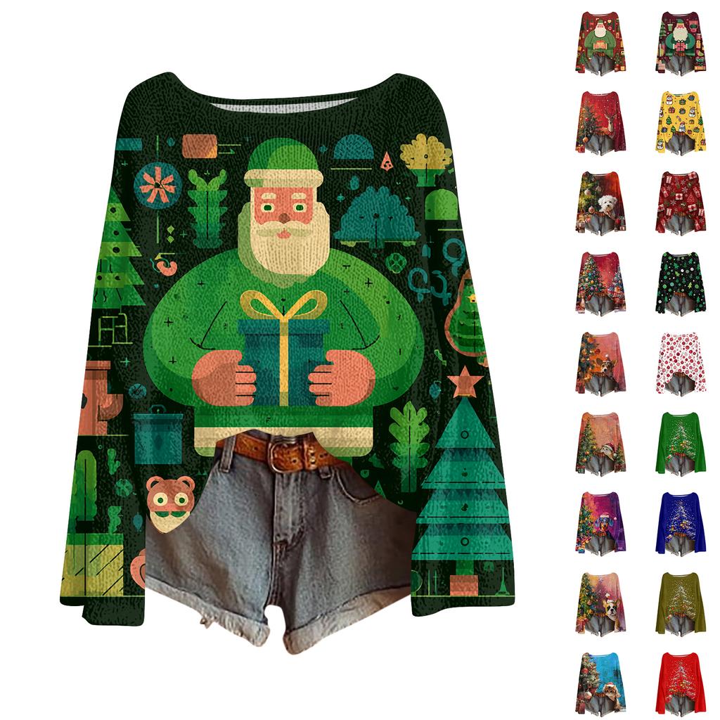 Women's Casual Fashion Round Neck Top Christmas Print Long Sleeve Knit Pullover