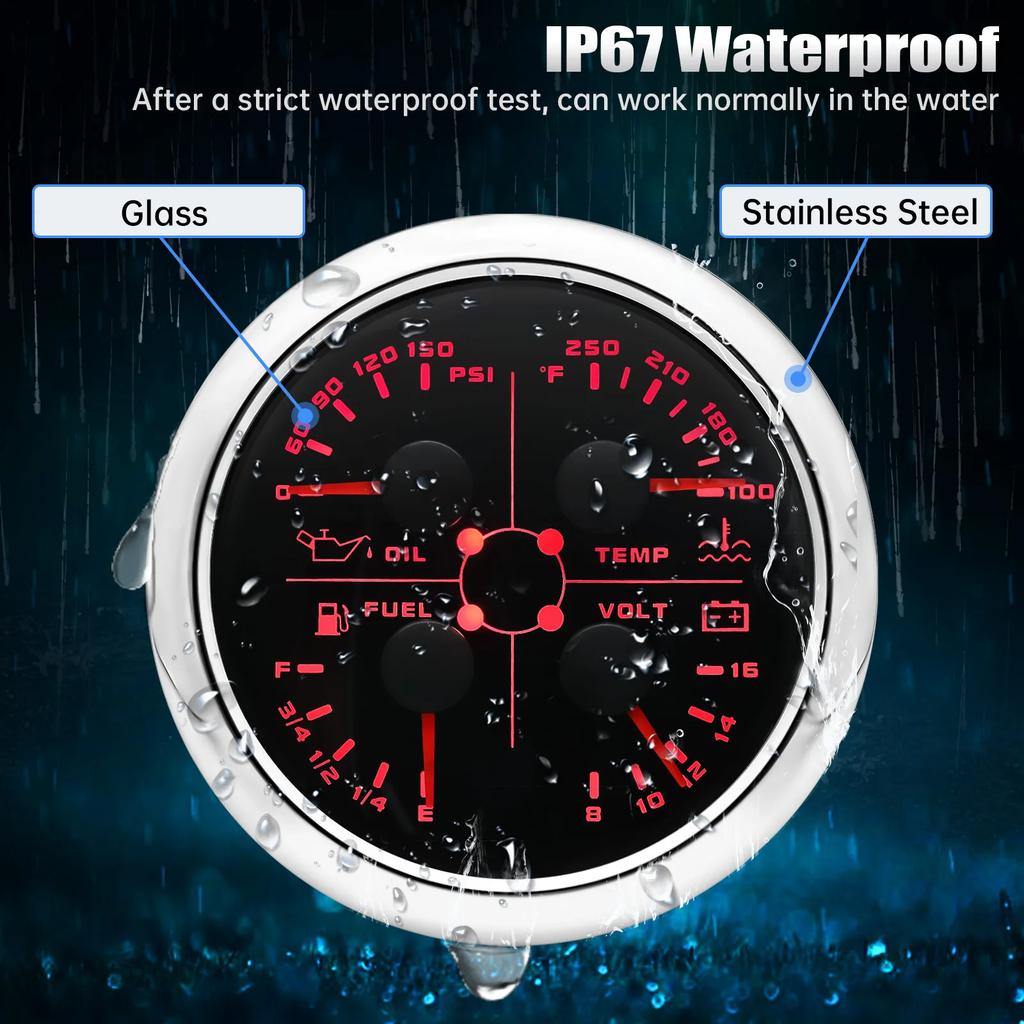 85mm 4 In 1 Gauge Oil Press Gauge Water Temp Meter Fuel Level Gauge Voltmeter With Alarm For Marine Boat Car Waterproof 12V 24V